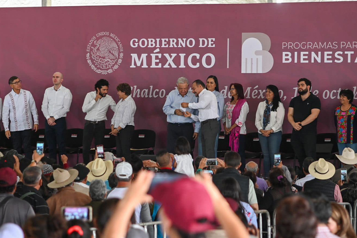 Boletín 216.-Miguel Gutiérrez recibe al Presidente AMLO y a la Gobernadora Delfina Gómez para la presentación de programas del Bienestar